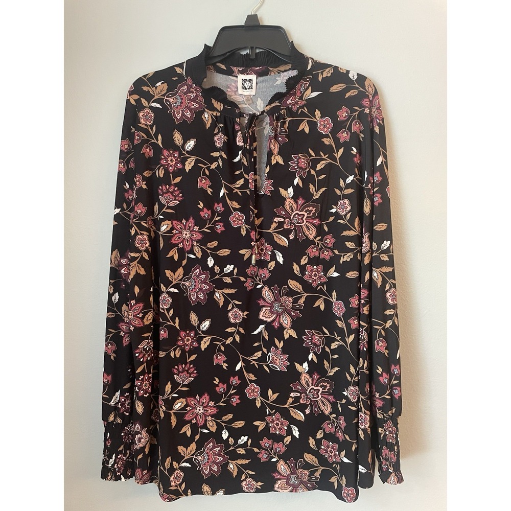Anne Klein Womens Blouse Size 3XL Floral Long Sleeve Ruffle Collar